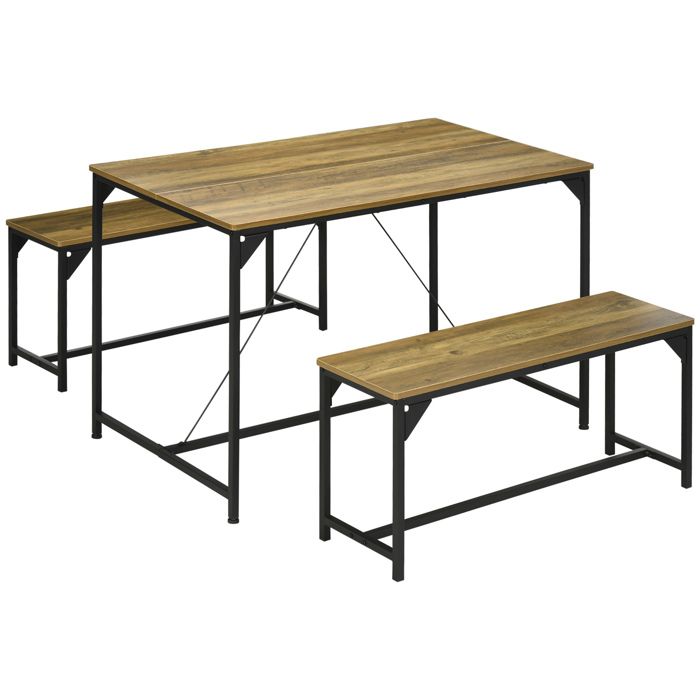 Ensemble table à manger et 2 bancs 4 personnes châssis acier noir plateau assises aspect bois clair naturel 120x70x75cm Beige