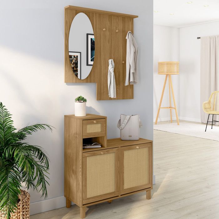IDMARKET Vestiaire dentrée avec miroir HANAE effet naturel cannage IDMARKET Vestiaire dentrée avec miroir HANAE effet naturel cannage