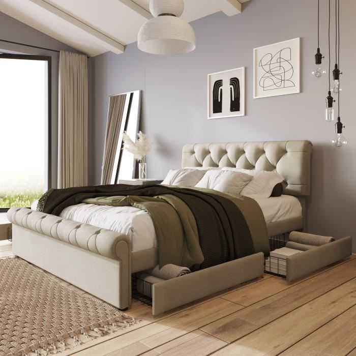 Lit capitonné 140 x 200 cm avec 2 tiroirs pour 2 places Tissu en lin Tête de lit réglable Désign élégant Couleur naturelle