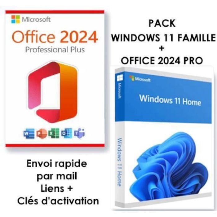 Pack WINDOWS 11 FAMILLE + OFFICE 2024 PRO – Dématérialisé – Envoi Rapide par mail