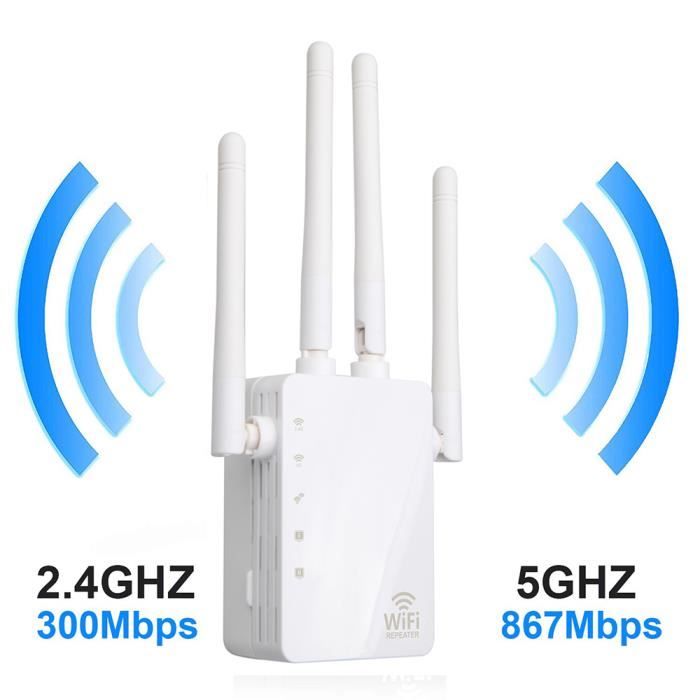 4 Antennes Répéteur WiFi 1200Mbps 2.4G/5G Double Bande avec Fibre Optique/Port LAN Étendre La Couverture WiFi Noir