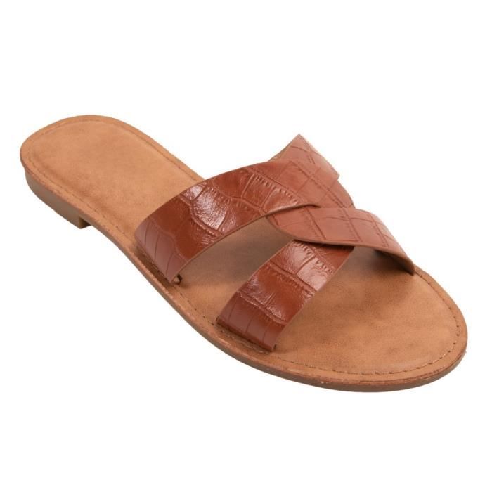 Claquettes femme en simili cuir bride crois es mules effet croco
