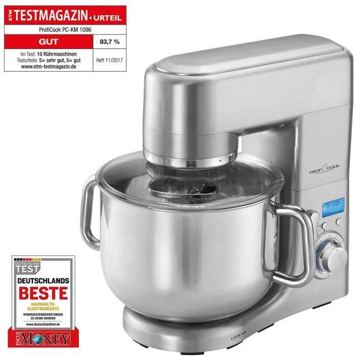 Robot de cuisine multifonction Profi Cook PC-KM 1096 - 10 L - 1500 W - Acier inoxydable - Pétrin, batteur, fouet