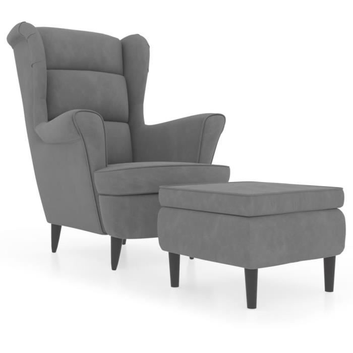 Fauteuil à oreilles avec tabouret Gris clair Velours - SALALIS - DP05024