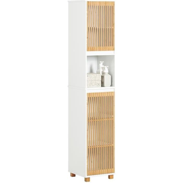 Meuble Colonne Salle de Bain BZR127-W SoBuy - avec 2 Portes - 1 Compartiment - Blanc-Naturel - 33 x 33 x 165