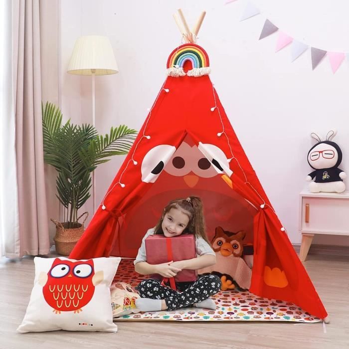 Tente Tipi Enfant avec Tapis - AMAZINGGIRL - Modèle 4 - Rose - Coton -  109x130x140cm