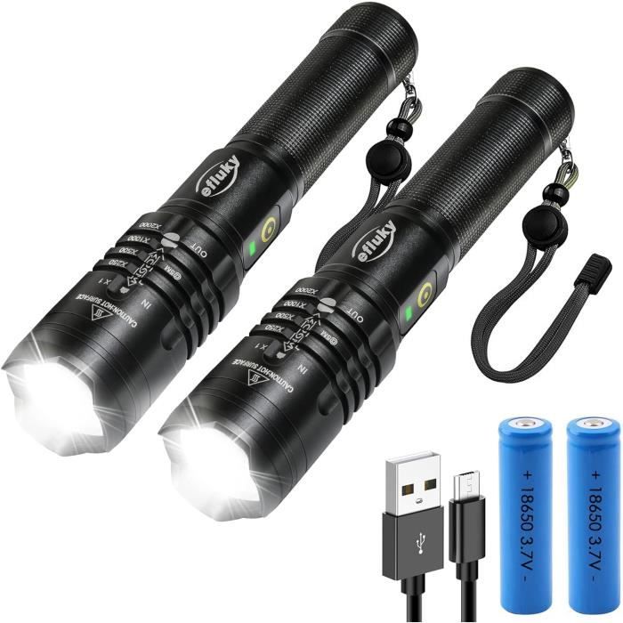 Lampe Torche LED Rechargeable USB - Zoomable 200m - Noire - 1 à 3 Pièces