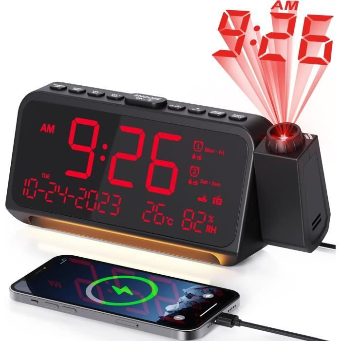 Réveil Projecteur Numérique BestAlice - Affichage LED Réglable, Projection Rotative 180°, Alimentation USB, Fonction Snooze Et Capteur De Lumière