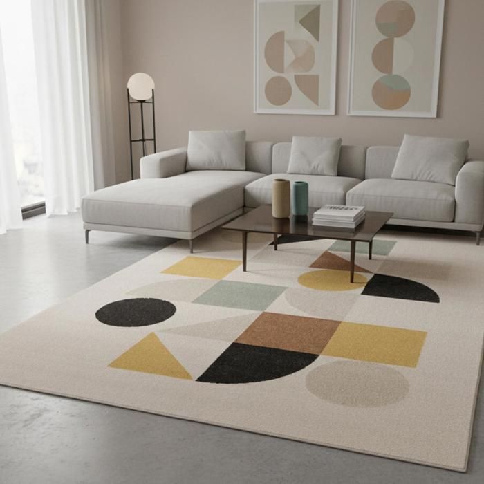 tapis chambre 120x170 tissé beige et jaune rectangle motif géométrique