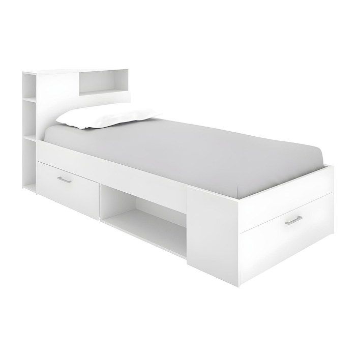 Lit avec tête de lit rangements et tiroir - 90 x 190 cm - Blanc - LEANDRE