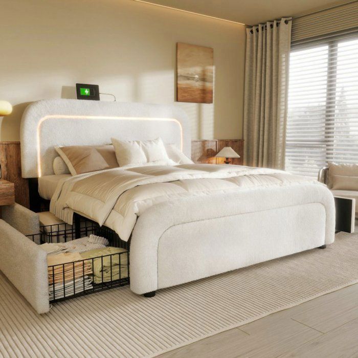 Lit 160x200 Avec Tête De Lit Rembourrée Et Rangements - 4 Tiroirs, éclairage LED RGB, Ports USB/Type-C - Design Moderne Beige