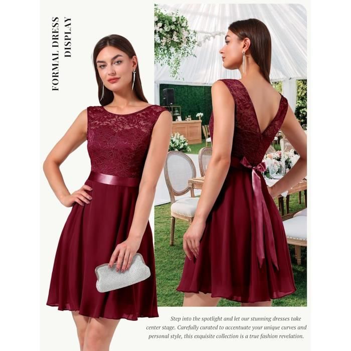 Femme Robe de Cocktail Courte Top Dentelle Jupe Mousseline Swing Elegante pour Bal Mariage Robe de Soiree Courte Rouge Fonce