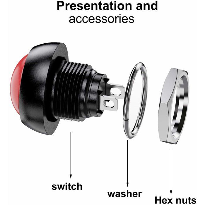 Bouton Poussoir Momentané 12-24V 10A – LED Rouge/vert, étanche IP65, NO/NC