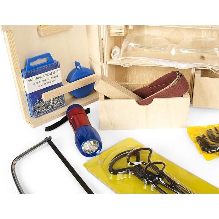 Coffre à Outils Enfant Leomark Deluxe – 50 Pièces En Bois Et Métal – Jeu D'imitation De Bricolage – Dès 8 Ans