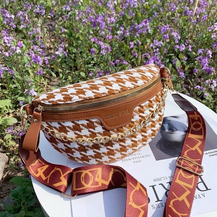 sac marron Sac banane en toile pour femmes l gant pied de poule Plaid cha ne sac de poitrine large
