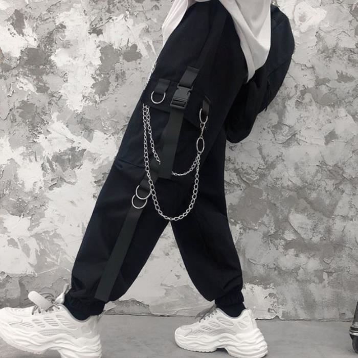 Femmes Cargo Sarouel Poches Lat rales Noir Blanc Hip Hop