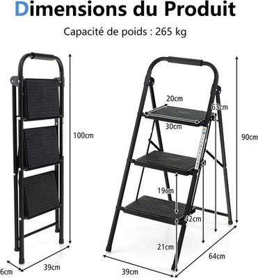 Escabeau Pliable HYTAMA 3 Marches - Charge Max 150 Kg, Marches Antidérapantes, Poignée Caoutchouc - Acier Verni, Compact Et Léger (8 Kg)