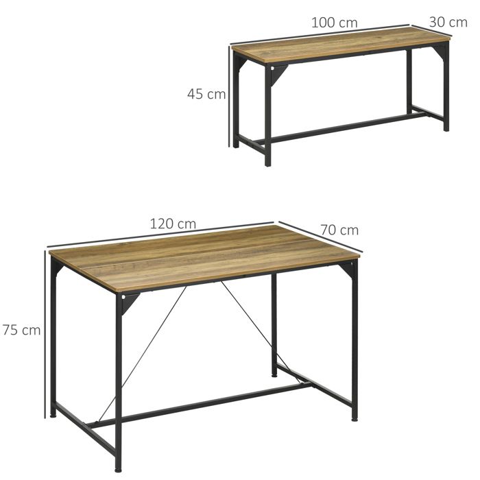 Ensemble Table à Manger HOMCOM Avec 2 Bancs - Style Industriel 120cm | Pour 4 Personnes