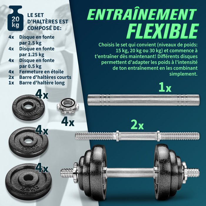 MIPAN.Haltère réglable - Kit Haltères Musculation 20KG-Avec Barre d'Extension supplémentaire-Pour Fitness Musculation-Noir - Sport MIPAN.Haltère réglable - Kit Haltères Musculation 20KG-Avec Barre d'Extension supplémentaire-Pour Fitness Musculation-Noir - Sport
