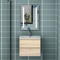 Meuble de salle de bain - Bois - Vasque 60cm - Miroir LED 50x70cm - Sans poignées