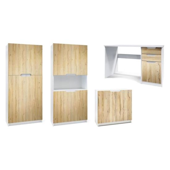 Ensemble Meuble Salle De Bain BEACH - Blanc Mat Et Chêne Naturel - Lavabo, Robinet, Miroir LED, 2 Armoires