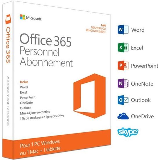 Office 365 Personnel - Inclut les nouveaux logiciels Office 2016 pour 1 PC/Mac + 1 tablette + 1 smartphone pendant 1 an