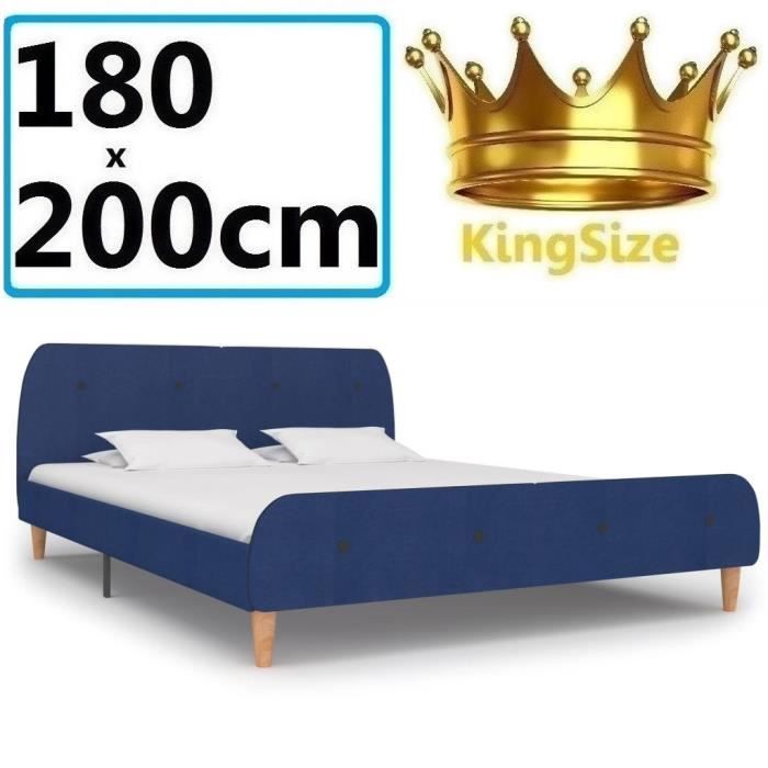 Lit KingSize 180x200cm Sommier adulte Chambre design avec dossier Rectangle Bleu Tissu pieds en bois Grand