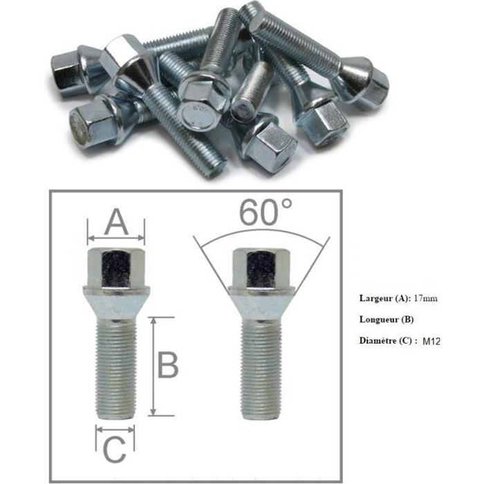 10 BOULON / GOUJON / ECROU DE ROUE ASSISE CONIQUE M12 x 1,5 - 30MM