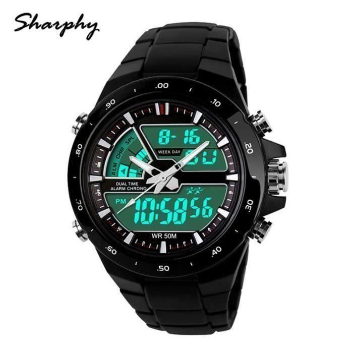 Montre Homme de marque Sport Double fuseau imperméable Quartz LED numérique Watch Men Couleur Noir