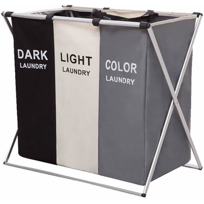 Panier à Linge Pliable Triple Corbeille à Linge 3 Compartiments (155L) avec Poignée en Tissu pour Salle de Bain Maison 68x38x60cm