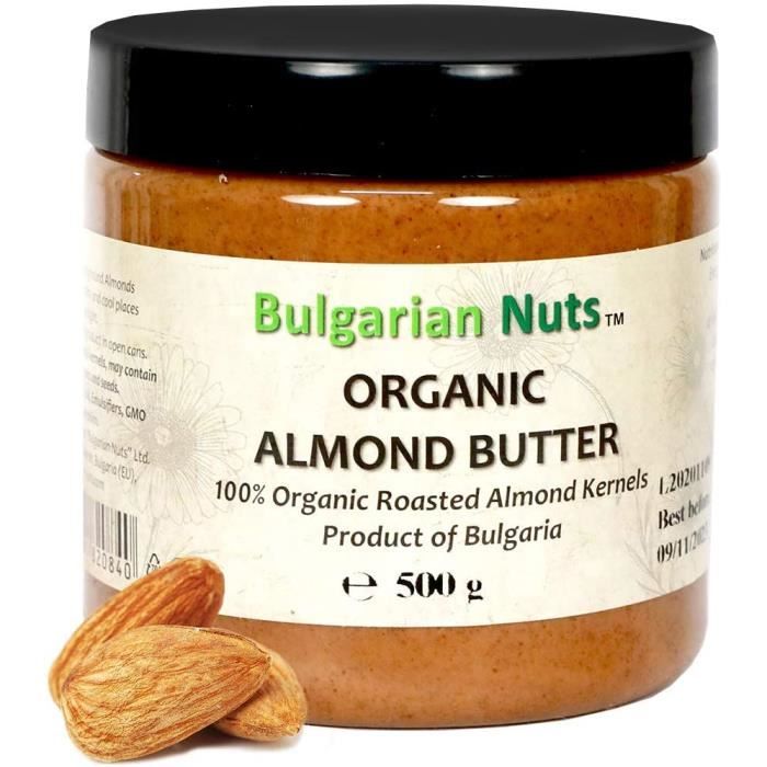 500 g Beurre d'Amande Bio, Sans - Gluten, émulsifiants, huile de palme, sucre, conservateurs, produit d'amandes Bulgares