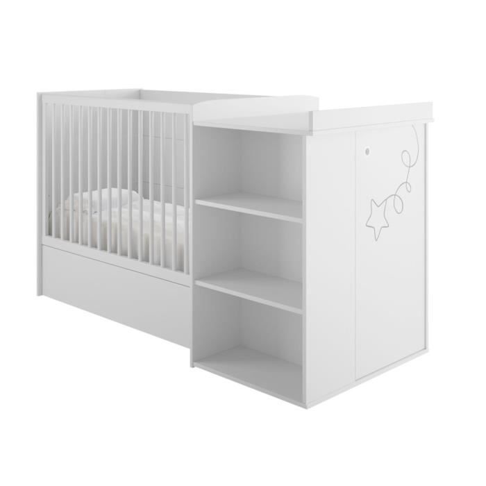 Lit bébé combiné évolutif 60x120cm décor blanc étoile cerf-volant ADELE