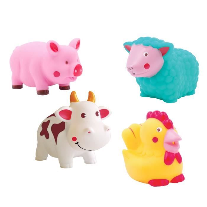 LUDI - Animaux arroseurs en plastique pour jouer dans le bain. Dès 6 mois. 4 animaux de la ferme : poule, mouton, vache et cochon