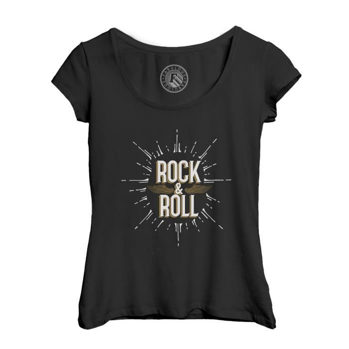 T-shirt Femme Col Echancré Noir Rock and Roll Musique Musicien Guitare Basse