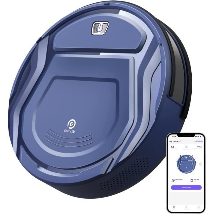 OKP K2 Aspirateur Robot, 2100Pa Forte Aspiration Mini Autonomie Aspirateur Robotique Poil Animaux, App/Alexa/WiFi, Capteur de Collis