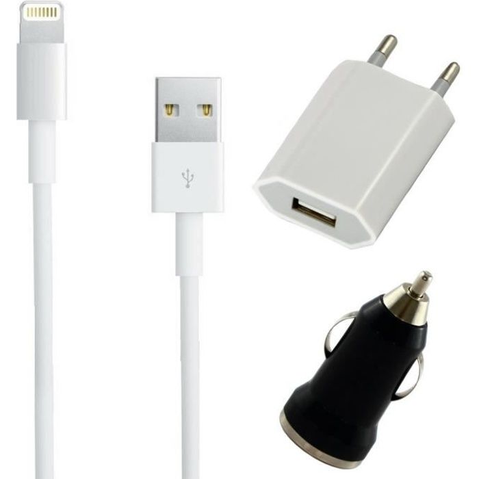 [Compatible iPhone XSMAX-XR-XS-X-8PLUS-8-7PLUS-7-6PLUS-6-5-SE] Pack Chargeur 3en1 Cable- Chargeur Secteur-Allume Cigare Noir