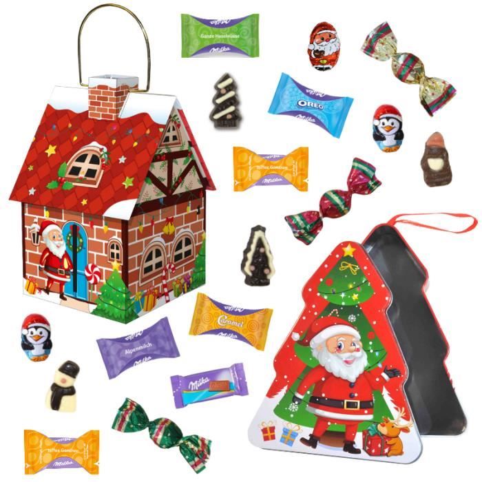 Sapin et maisonnette de Noël garnis de chocolats Milka et sujets de Noël