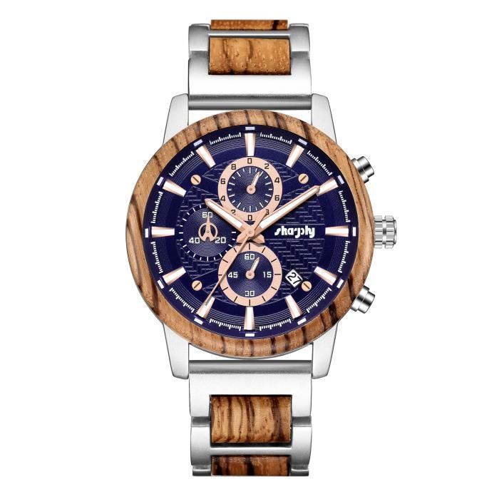 Montre Homme en Bois de LUXE de marque SHARPHY 2021 Chronographe Quartz Dateur étanche , Coffret Cadeau Idéal de Noël Anniversaire