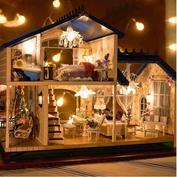DIY LED Maison de Poupée Dollhouse Musique Miniature Bois Meuble Cadeau Noël