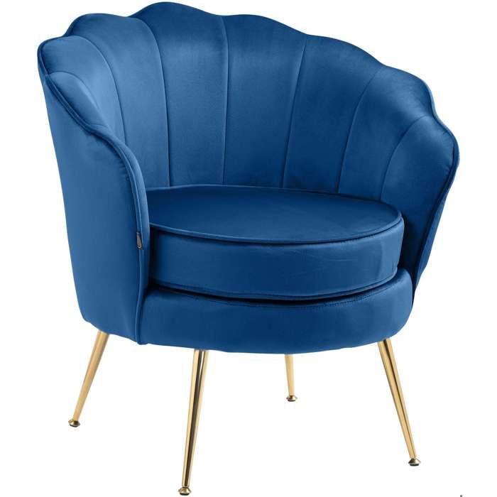 Fauteuil lounge chaise de chaise rembourree avec coutures decoratives revêtement en velours bleu et pieds metal dore FAL101553