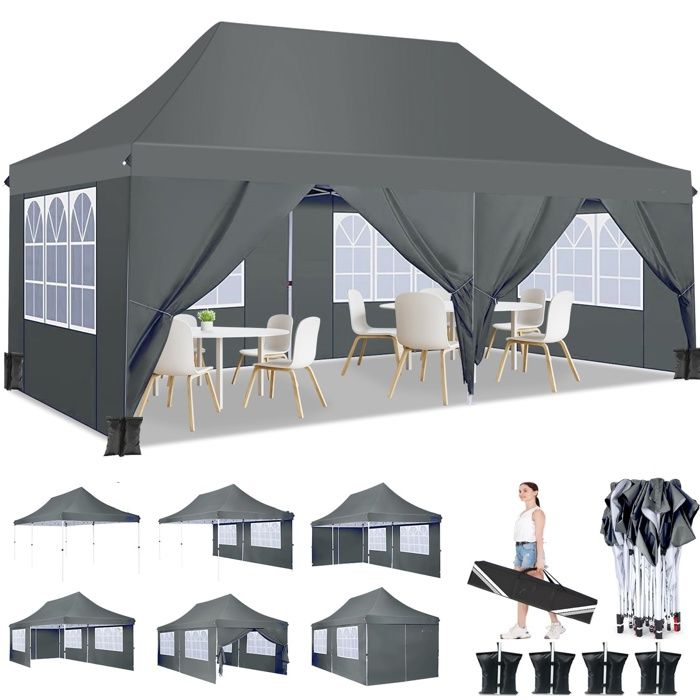 Tonnelle Pliante 3x6 Barnum Pliant Étanche Stable avec 6 Parois LatéralesTonnelle Tente UV 50+ -Gris