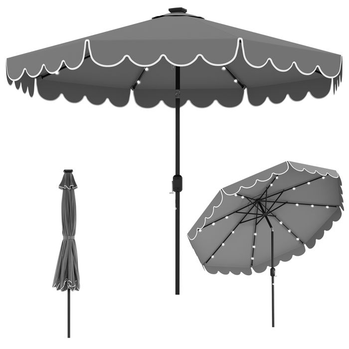 COSTWAY Parasol de Jardin 3M 24 LEDs - Protection Solaire - Réglage de lInclinaison 35° - 8 Baleines pour Plage Terrasse Gris