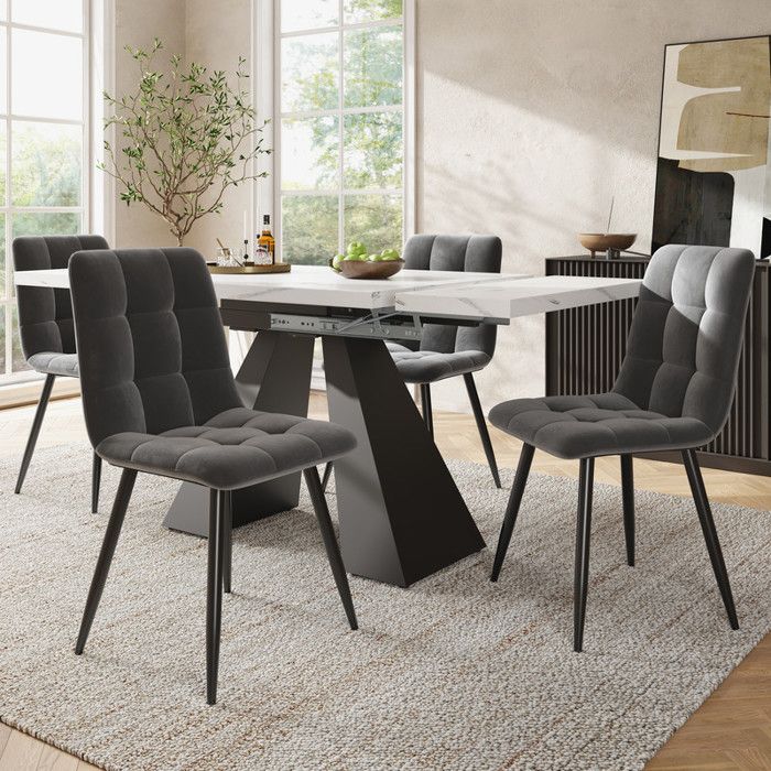 Ensemble Table et Chaises Salle a Manger 159x74x77 cm Table a Manger avec 4 Chaises en Velours Gris Table de Extensible