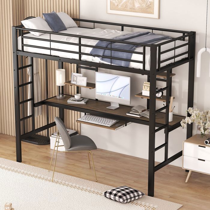 Lit Mezzanine 90x200 cm Lit Surélevé avec Bureau Intégré 2 Étagères pour Livres Lit pour Enfants Adolescents et Adultes Noir