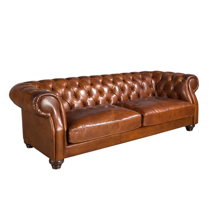 Canapé Chesterfield 3 places avec revêtement en cuir de vachette marron cognac - 226 x 101 x 70 cm - 6228 ANGEL CERDA