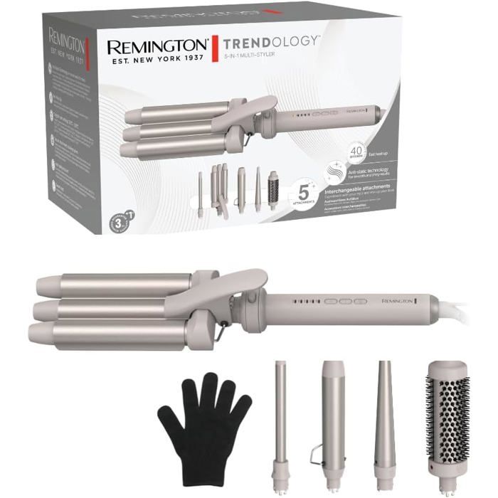 Remington Boucleur à cheveux 5en1 [3 accessoires 13 33mm fer à boucler brosse ronde] Trendology écran LED 130°C 210°C ondulations boucles naturelles définies tous types de cheveux CI41MS5E51