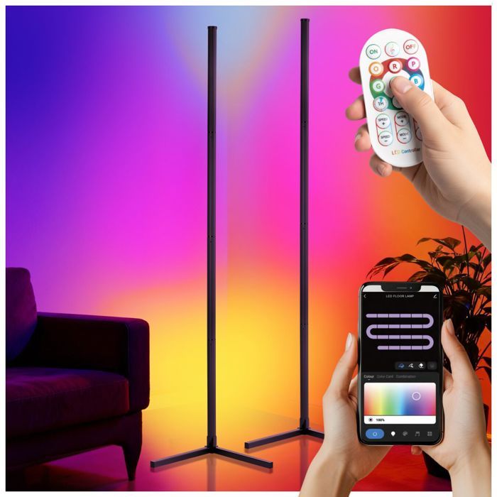 Luminaire - TECTAKE - Lot de 2 lampes sur pied LED SPECTRA diffusion de couleurs avec télécommande 295 x 295 x 145 cm - Noir