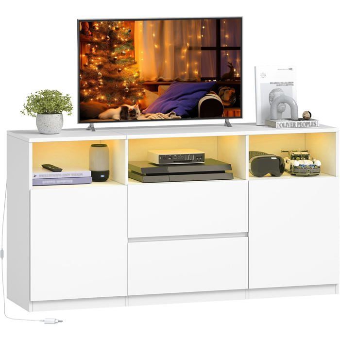 Meuble TV avec LED RGB et Télécommande (25 Couleurs) 147 cm Banc Télé Banc TV avec 2 Tiroirs et 2 Espace de Rangement OuvertBlanc