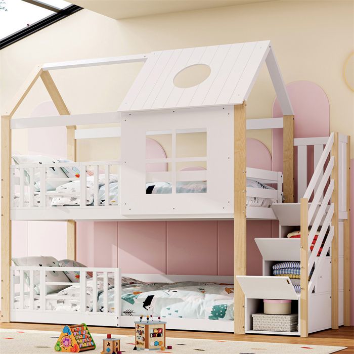 Lit superposé cabane 90x200 cm avec escalier de rangement barrière de sécurité fenêtre et toit – pin/MDF blanc+naturel