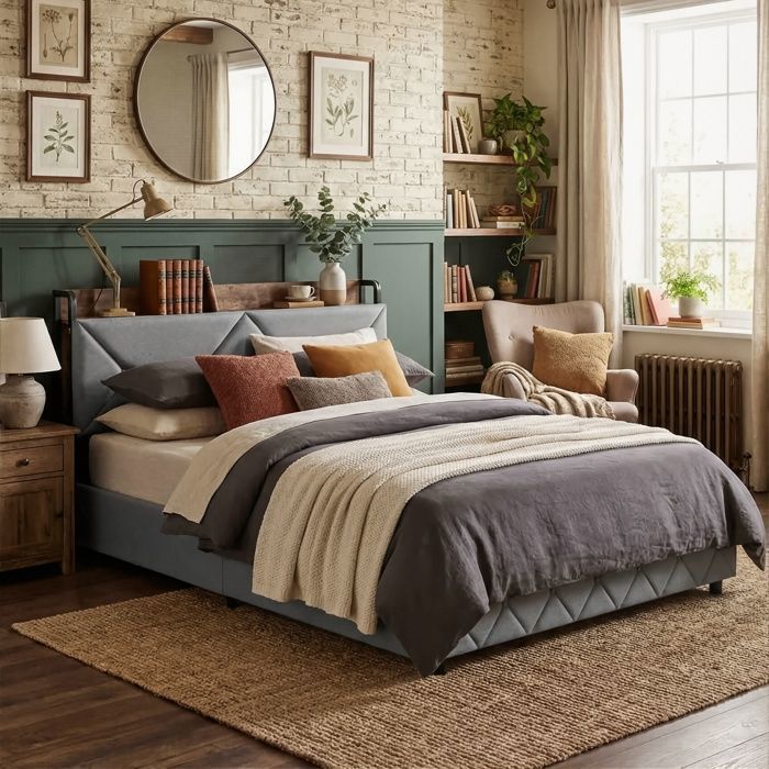 Lit Adulte 140x200 - 4 Tiroirs & Tête de Lit Rangement Caché - Charge USB/Type-C - Dossier Ergonomique 95° - Cadre Métal Gris
